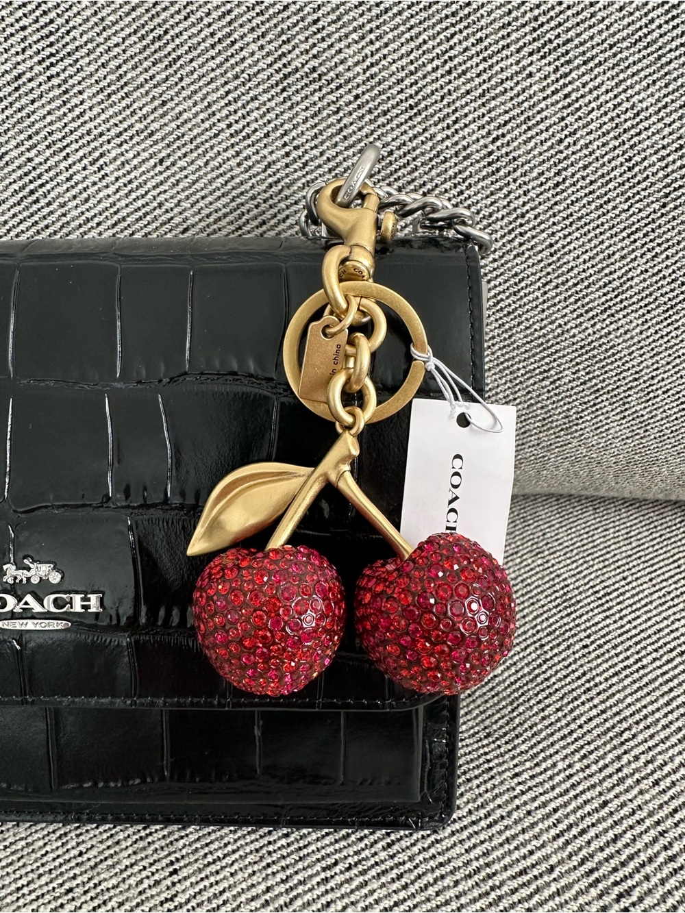 NWT Coach Crystal Cherry Bag Charm Keychain Fob CCD32 Brass /Red
